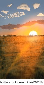 sunset at green rice field