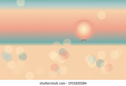 Sunset in green, turquoise, orange, yellow tones with highlights from the light with words about joy. For children's, elegant and joyful advertising