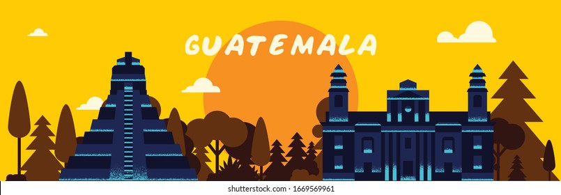 Sunset Guatemala City flat landmarks vector illustration with famous travel sights