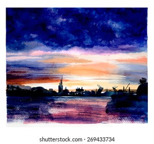 Sunset. Hand Drawn Vector Watercolor Illustration. Isolated on white background.