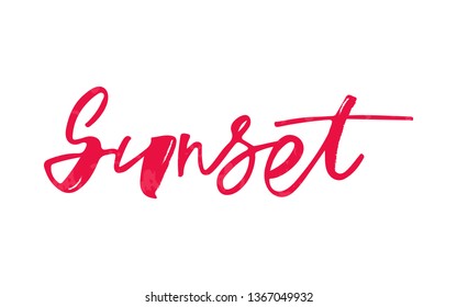 Sunset handlettering text. Design print for label, logo, sign, emblem. Vector illustration on background. 