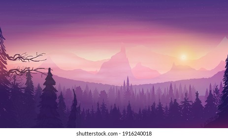 Sunset in a hilly area, spruce forest, colorful starry sky and rocky relief horizon