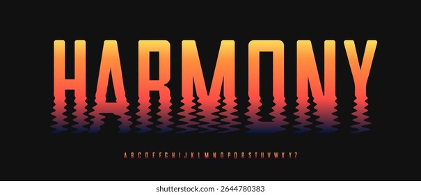 Sunset horizon alphabet, wavy tall letters, bold marine font for music logo, summer headline poster, modern relax spa typography, creative wave typographic design. Vector typeset.