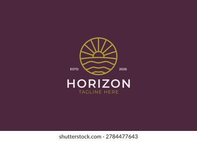 Sunset horizon line art logo design template with sun rays and sea waves circle badge for corporate branding identity lifestyle business