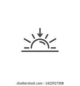 Sunset horizon line icon. Sundown linear style sign for mobile concept and web design. Sun and arrow down outline vector icon. Summer weather symbol, logo illustration. Vector graphics