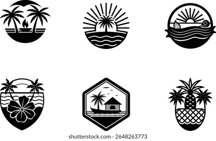 Sunset Horizon Vector Set Featuring Tropical Palm Trees.
