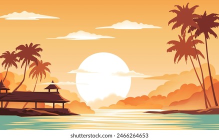 a sunset with a house on the water and a beach scene.