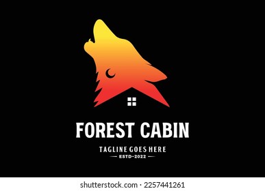 Sunset Howling Wolf Head with House Cabin Chalet for Outdoor Adventure Logo Icon Illustration