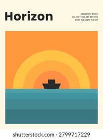 Sunset hues meet calm ocean waves. Silhouetted boat rests beneath glowing rings. Minimalist design evokes serene reflection. Perfect for tranquil mood or travel themes.