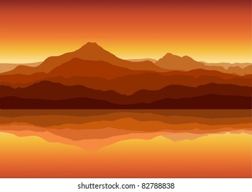 Sunset in huge mountains near lake. Vector EPS 8.