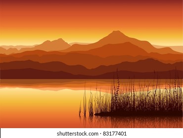 Sunset in huge mountains near lake with grass. Vector illustration.
