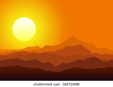 Sunset in the huge mountains. Vector illustration. 