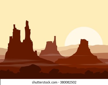 Sunset in huge red Mountains. Vector illustration. 