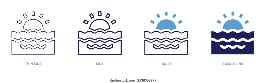 Ícone de pôr do sol em 4 estilos diferentes. Linha fina, Linha, Negrito e Linha Negrito. Estilo duotônico. Traçado editável.