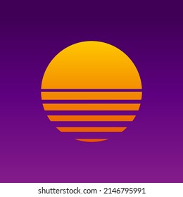 Icono de atardecer, fondo de los 80 y 90, afiche de abstracción de neón retro. Sol y espacio vintage, fondo púrpura y sol de malla. Amanecer y atardecer. Vector.