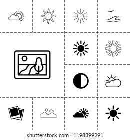Sunset icon. collection of 13 sunset filled and outline icons such as photo, brightness, picture, sun cloud, sea and gull. editable sunset icons for web and mobile.