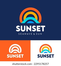 Sunset icon consists of color strips. Sun and sea wave logo. Identity. Tourism or travel emblem. 