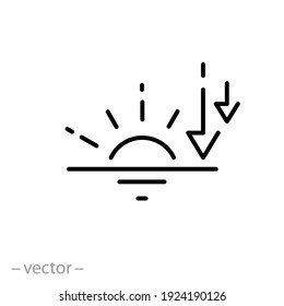 icono de puesta de sol, noche, horizonte con sol, símbolo de línea delgada sobre fondo blanco - ilustración de vector de trazo editable