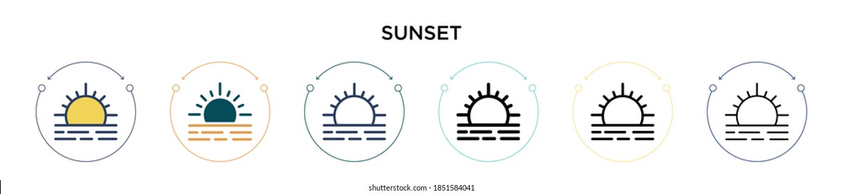 Sunset icon in filled, thin line, outline and stroke style. Vector illustration of two colored and black sunset vector icons designs can be used for mobile, ui, web