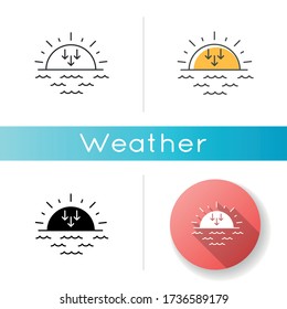 Sunset icon. Linear black and RGB color styles. Evening, sundown, weather forecasting. Sea, ocean at dusk. Transition from day to night. Sun setting over horizon isolated vector illustrations