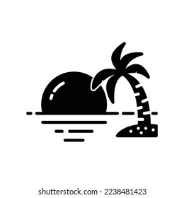 Sunset icon with ocean and palm tree island in black solid style