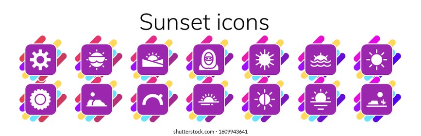 sunset icon set. 14 filled sunset icons. Included Sun, Desert, Sunset, Evening, Sunrise, Brightness icons