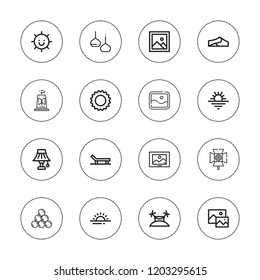 Sunset icon set. collection of 16 outline sunset icons with artillery, beach, dunes, light, island, image, sun, sunrise icons.