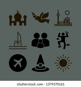sunset icon set with toronto, witch hat and family vector illustration