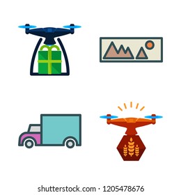 sunset icon set. vector set about drone, cargo truck and landscape icons set.