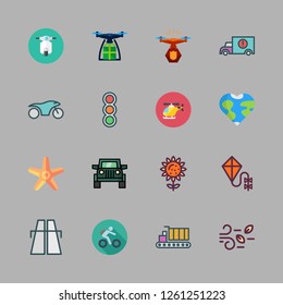 sunset icon set. vector set about highway, starfish, motorcycle and kite icons set.