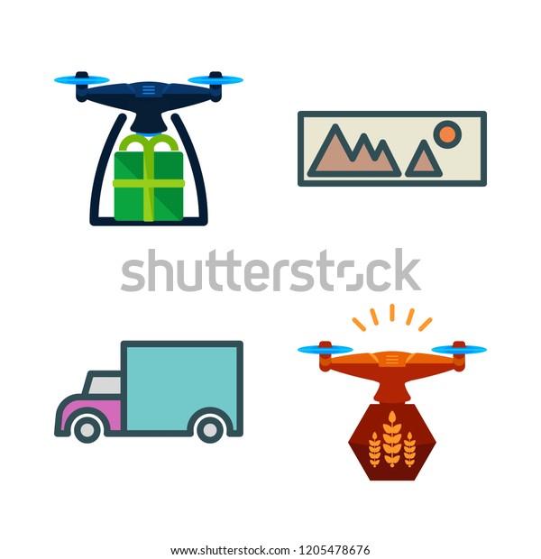 sunset icon set. vector set about drone, cargo truck\
and landscape icons\
set.