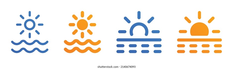 Sunset icon set vector illustration. Sun icon with ocean wave symbol in graphic design.