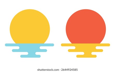 Sunset Icon Set – Yellow and Red Sun Over Water in Flat Style

