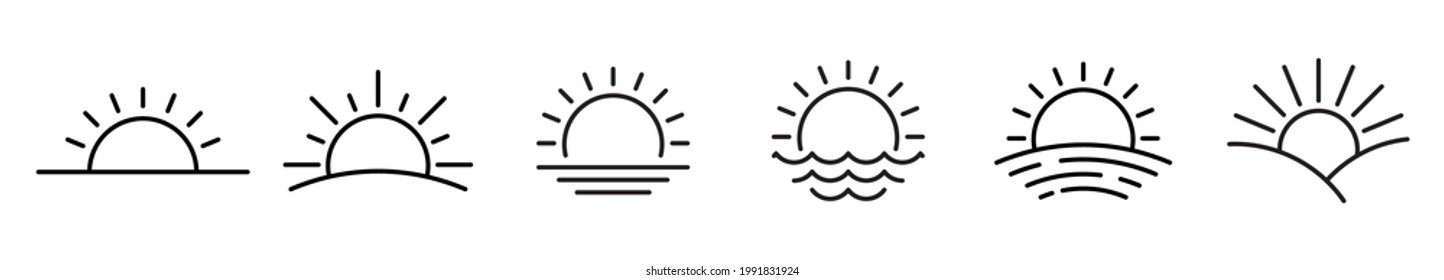 Icono de puesta de sol. Iconos de la línea solar. Ilustración vectorial. Iconos vectoriales de Sunrise. Iconos lineales negros