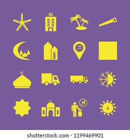 sunset icon. sunset vector icons set hotel building, wheat harvest growth, truck and snowflake sun