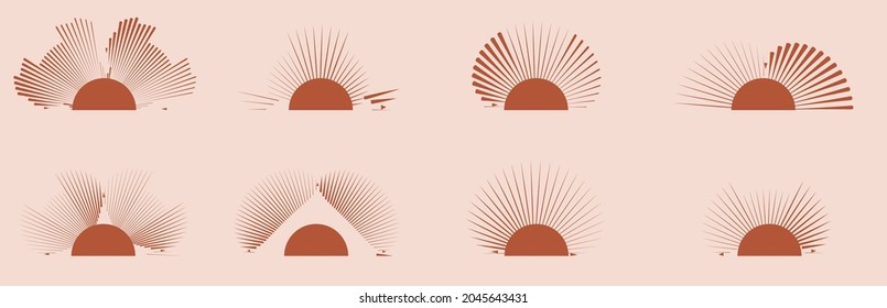 Iconos y logos de Sunset en estilo boho .Elementos de diseño de moda . Patrón de fondo geométrico vectorial abstracto contemporáneo rayado .Símbolos de medio sol .