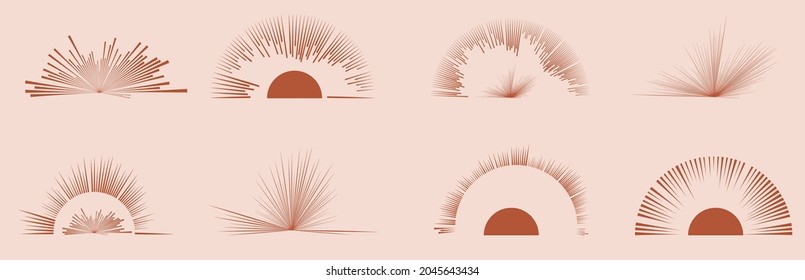 Iconos y logos de Sunset en estilo boho .Elementos de diseño de moda . Patrón de fondo geométrico vectorial abstracto contemporáneo rayado .Símbolos de medio sol .
