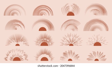 Sunset icons and logos in boho style .Trendy design elements  . Contemporary abstract vector striped geometric background pattern .Half sun symbols .