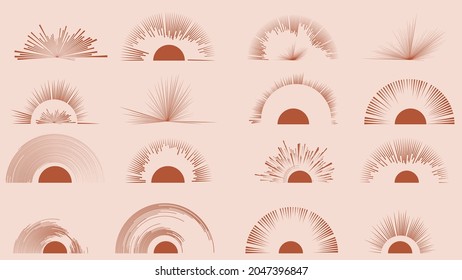 Sunset icons and logos in boho style .Trendy design elements  . Contemporary abstract vector striped geometric background pattern .Half sun symbols .