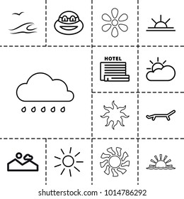 Sunset icons. set of 13 editable outline sunset icons such as sun, ninja, sun rise, sun cloud, sea and gull