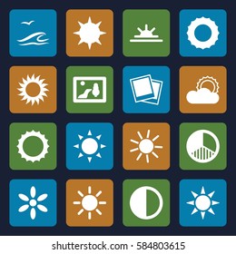 sunset icons set. Set of 16 sunset filled icons such as sun, sun rise, photo, brightness, sea and gull
