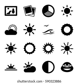 sunset icons set. Set of 16 sunset filled icons such as sun, ninja, sun rise, photo, brightness, sun cloud, sea and gull