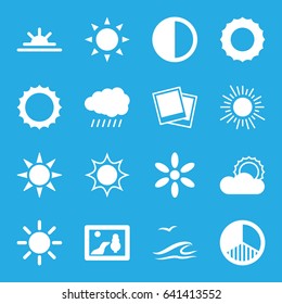 Sunset icons set. set of 16 sunset filled icons such as sun, sun rise, photo, brightness, sea and gull
