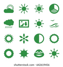 Sunset icons set. set of 16 sunset filled icons such as sun, ninja, brightness, sea and gull