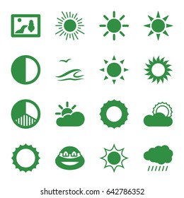Sunset icons set. set of 16 sunset filled icons such as sun, ninja, brightness, sun cloud, sea and gull