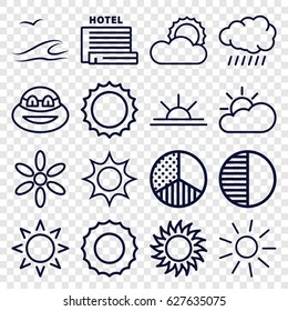 Sunset icons set. set of 16 sunset outline icons such as sun, sun rise, brightness, sun cloud, sea and gull