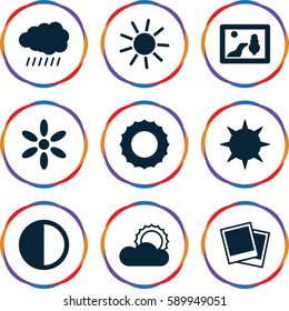 sunset icons set. Set of 9 sunset filled icons such as sun, photo, brightness