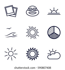 sunset icons set. Set of 9 sunset outline icons such as sun, sun rise, photo, brightness, sun cloud, sea and gull