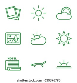 Sunset icons set. set of 9 sunset outline icons such as sun, sun rise, photo, sun cloud