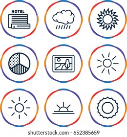 Sunset icons set. set of 9 sunset outline icons such as sun, sun rise, brightness